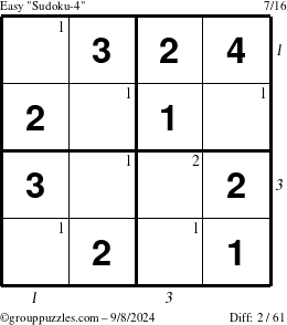 The grouppuzzles.com Easy Sudoku-4 puzzle for Sunday September 8, 2024, suitable for printing, with all 2 steps marked