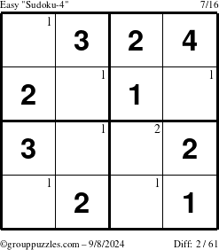 The grouppuzzles.com Easy Sudoku-4 puzzle for Sunday September 8, 2024 with the first 2 steps marked