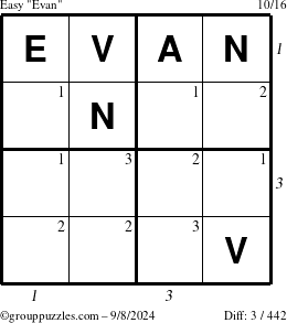 The grouppuzzles.com Easy Evan puzzle for Sunday September 8, 2024 with all 3 steps marked