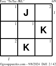 The grouppuzzles.com Easy TicTac-JKL puzzle for Sunday September 8, 2024 with all 2 steps marked