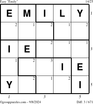 The grouppuzzles.com Easy Emily puzzle for Sunday September 8, 2024 with all 3 steps marked