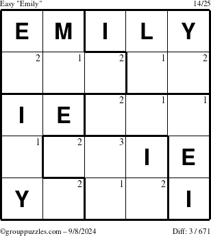 The grouppuzzles.com Easy Emily puzzle for Sunday September 8, 2024 with the first 3 steps marked