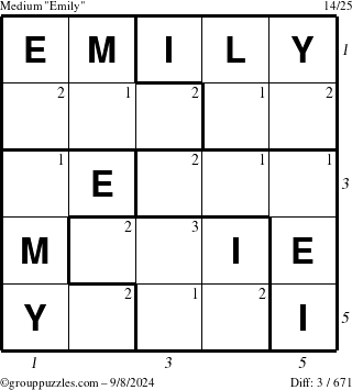 The grouppuzzles.com Medium Emily puzzle for Sunday September 8, 2024 with all 3 steps marked