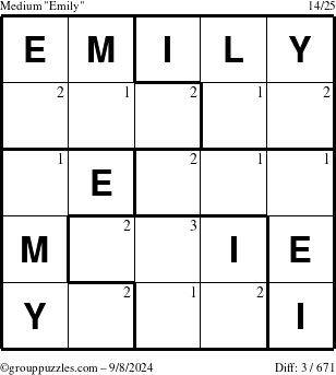 The grouppuzzles.com Medium Emily puzzle for Sunday September 8, 2024 with the first 3 steps marked