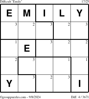 The grouppuzzles.com Difficult Emily puzzle for Sunday September 8, 2024 with the first 3 steps marked