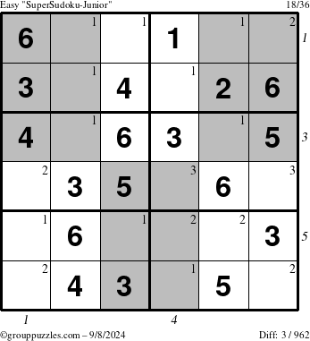 The grouppuzzles.com Easy SuperSudoku-Junior puzzle for Sunday September 8, 2024 with all 3 steps marked