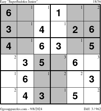 The grouppuzzles.com Easy SuperSudoku-Junior puzzle for Sunday September 8, 2024 with the first 3 steps marked