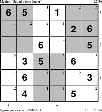 The grouppuzzles.com Medium SuperSudoku-Junior puzzle for Sunday September 8, 2024 with all 3 steps marked