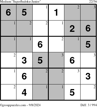 The grouppuzzles.com Medium SuperSudoku-Junior puzzle for Sunday September 8, 2024 with the first 3 steps marked