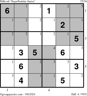 The grouppuzzles.com Difficult SuperSudoku-Junior puzzle for Sunday September 8, 2024 with all 4 steps marked