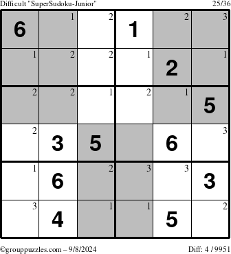 The grouppuzzles.com Difficult SuperSudoku-Junior puzzle for Sunday September 8, 2024 with the first 3 steps marked