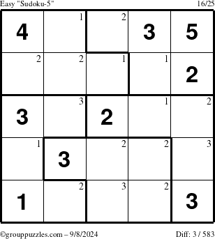 The grouppuzzles.com Easy Sudoku-5 puzzle for Sunday September 8, 2024 with the first 3 steps marked