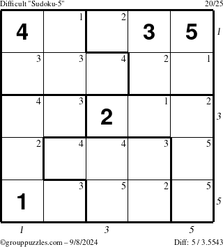 The grouppuzzles.com Difficult Sudoku-5 puzzle for Sunday September 8, 2024 with all 5 steps marked