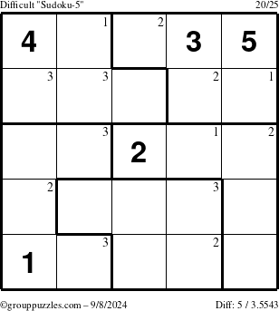 The grouppuzzles.com Difficult Sudoku-5 puzzle for Sunday September 8, 2024 with the first 3 steps marked