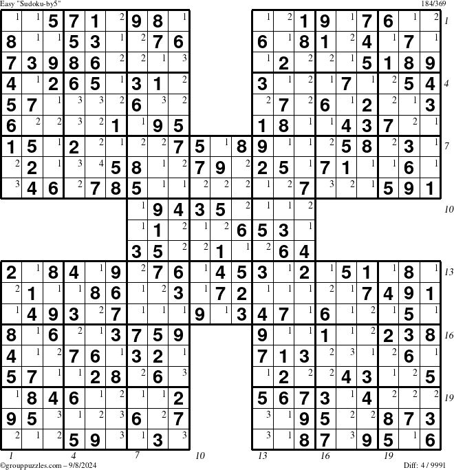 The grouppuzzles.com Easy Sudoku-by5 puzzle for Sunday September 8, 2024 with all 4 steps marked