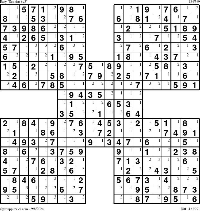 The grouppuzzles.com Easy Sudoku-by5 puzzle for Sunday September 8, 2024 with the first 3 steps marked