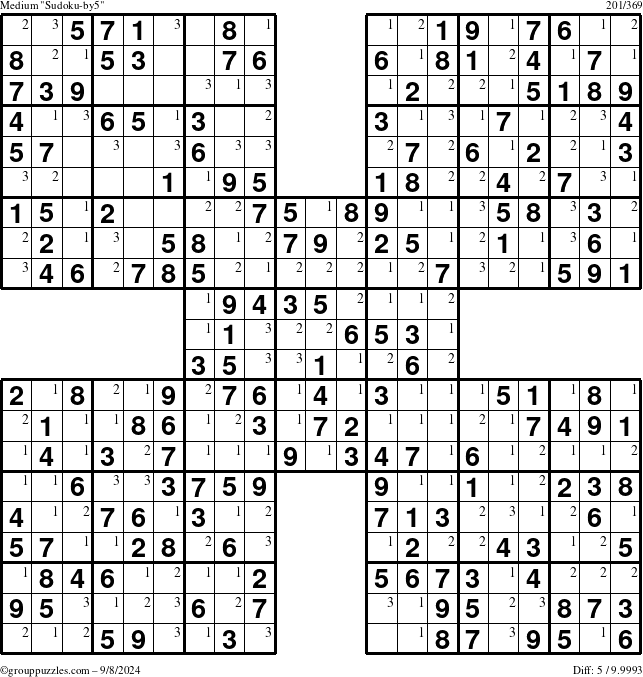 The grouppuzzles.com Medium Sudoku-by5 puzzle for Sunday September 8, 2024 with the first 3 steps marked