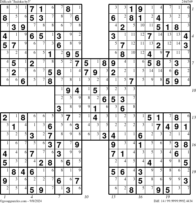 The grouppuzzles.com Difficult Sudoku-by5 puzzle for Sunday September 8, 2024 with all 14 steps marked