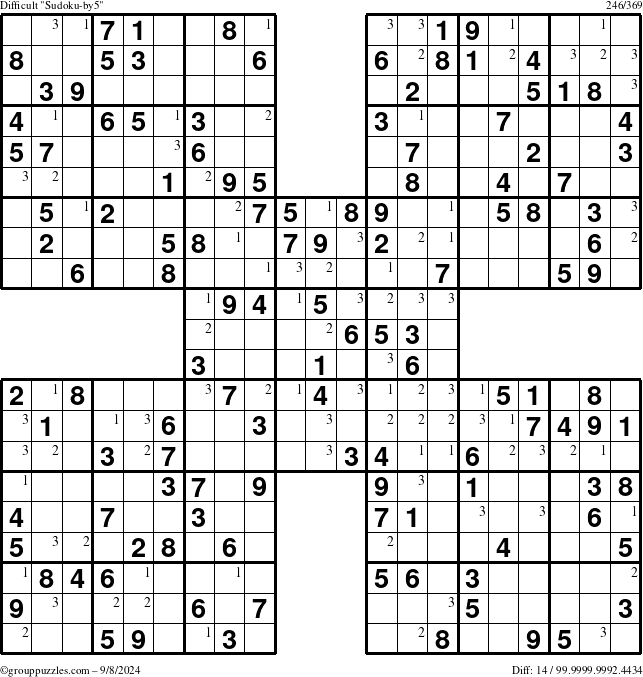 The grouppuzzles.com Difficult Sudoku-by5 puzzle for Sunday September 8, 2024 with the first 3 steps marked