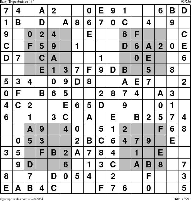 The grouppuzzles.com Easy HyperSudoku-16 puzzle for Sunday September 8, 2024