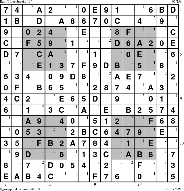 The grouppuzzles.com Easy HyperSudoku-16 puzzle for Sunday September 8, 2024, suitable for printing, with all 3 steps marked