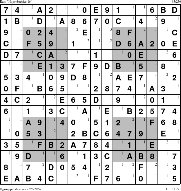 The grouppuzzles.com Easy HyperSudoku-16 puzzle for Sunday September 8, 2024 with the first 3 steps marked