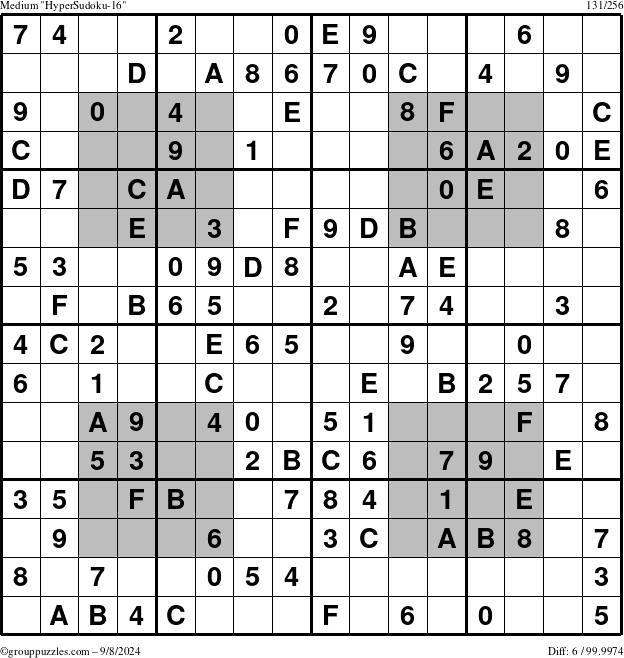 The grouppuzzles.com Medium HyperSudoku-16 puzzle for Sunday September 8, 2024