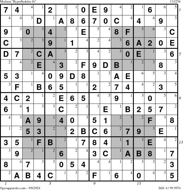 The grouppuzzles.com Medium HyperSudoku-16 puzzle for Sunday September 8, 2024 with all 6 steps marked