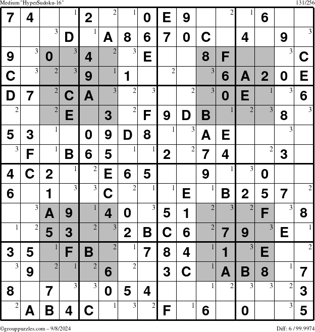 The grouppuzzles.com Medium HyperSudoku-16 puzzle for Sunday September 8, 2024 with the first 3 steps marked