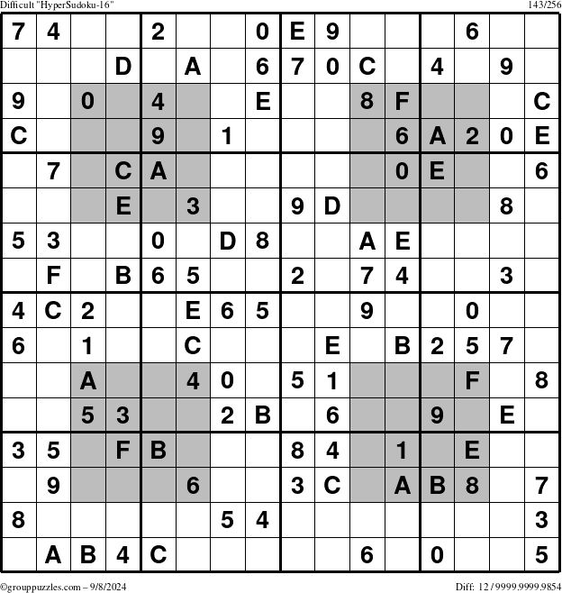 The grouppuzzles.com Difficult HyperSudoku-16 puzzle for Sunday September 8, 2024