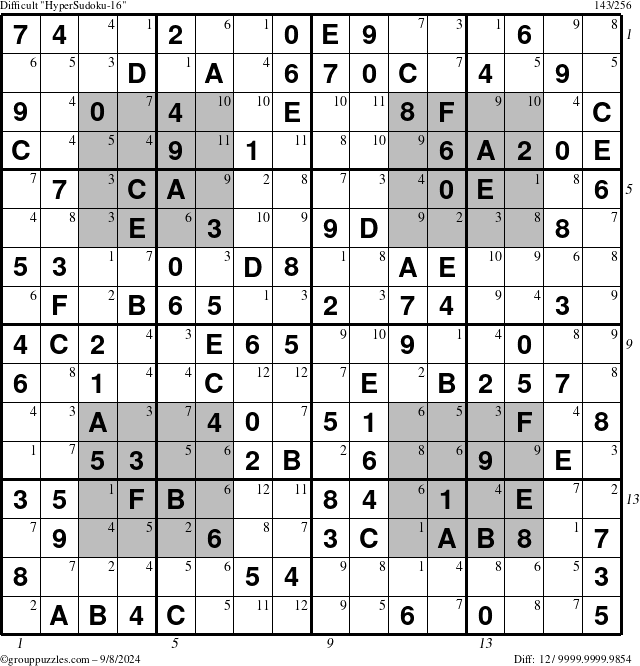 The grouppuzzles.com Difficult HyperSudoku-16 puzzle for Sunday September 8, 2024 with all 12 steps marked