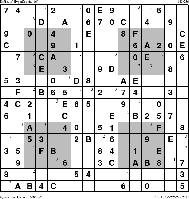 The grouppuzzles.com Difficult HyperSudoku-16 puzzle for Sunday September 8, 2024 with the first 3 steps marked