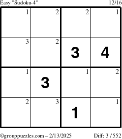 The grouppuzzles.com Easy Sudoku-4 puzzle for Thursday February 13, 2025 with the first 3 steps marked