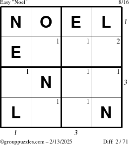 The grouppuzzles.com Easy Noel puzzle for Thursday February 13, 2025 with all 2 steps marked