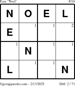 The grouppuzzles.com Easy Noel puzzle for Thursday February 13, 2025 with the first 2 steps marked