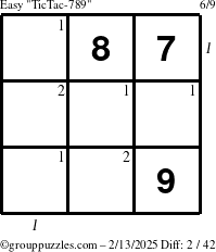 The grouppuzzles.com Easy TicTac-789 puzzle for Thursday February 13, 2025 with all 2 steps marked