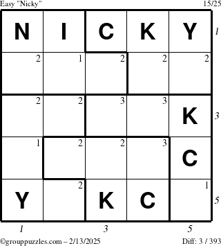 The grouppuzzles.com Easy Nicky puzzle for Thursday February 13, 2025 with all 3 steps marked