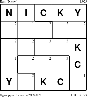 The grouppuzzles.com Easy Nicky puzzle for Thursday February 13, 2025 with the first 3 steps marked