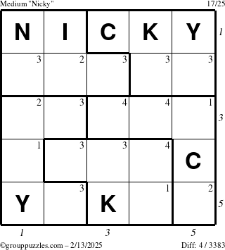 The grouppuzzles.com Medium Nicky puzzle for Thursday February 13, 2025 with all 4 steps marked