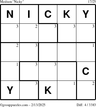 The grouppuzzles.com Medium Nicky puzzle for Thursday February 13, 2025 with the first 3 steps marked