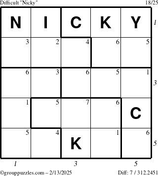 The grouppuzzles.com Difficult Nicky puzzle for Thursday February 13, 2025 with all 7 steps marked