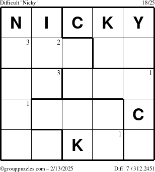 The grouppuzzles.com Difficult Nicky puzzle for Thursday February 13, 2025 with the first 3 steps marked