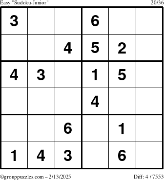 The grouppuzzles.com Easy Sudoku-Junior puzzle for Thursday February 13, 2025