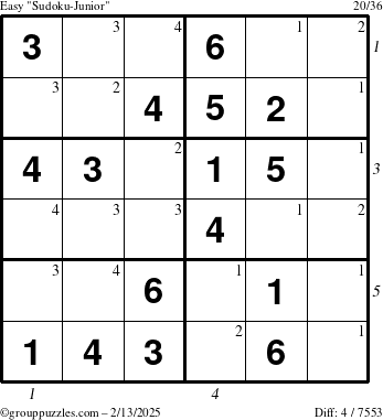 The grouppuzzles.com Easy Sudoku-Junior puzzle for Thursday February 13, 2025 with all 4 steps marked