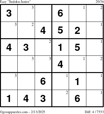 The grouppuzzles.com Easy Sudoku-Junior puzzle for Thursday February 13, 2025 with the first 3 steps marked