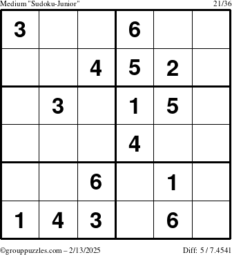 The grouppuzzles.com Medium Sudoku-Junior puzzle for Thursday February 13, 2025