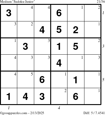 The grouppuzzles.com Medium Sudoku-Junior puzzle for Thursday February 13, 2025 with all 5 steps marked