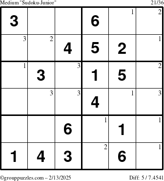 The grouppuzzles.com Medium Sudoku-Junior puzzle for Thursday February 13, 2025 with the first 3 steps marked