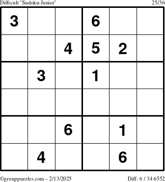 The grouppuzzles.com Difficult Sudoku-Junior puzzle for Thursday February 13, 2025