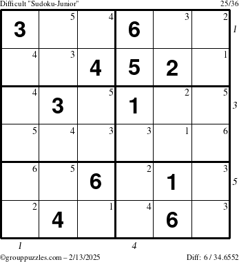 The grouppuzzles.com Difficult Sudoku-Junior puzzle for Thursday February 13, 2025 with all 6 steps marked